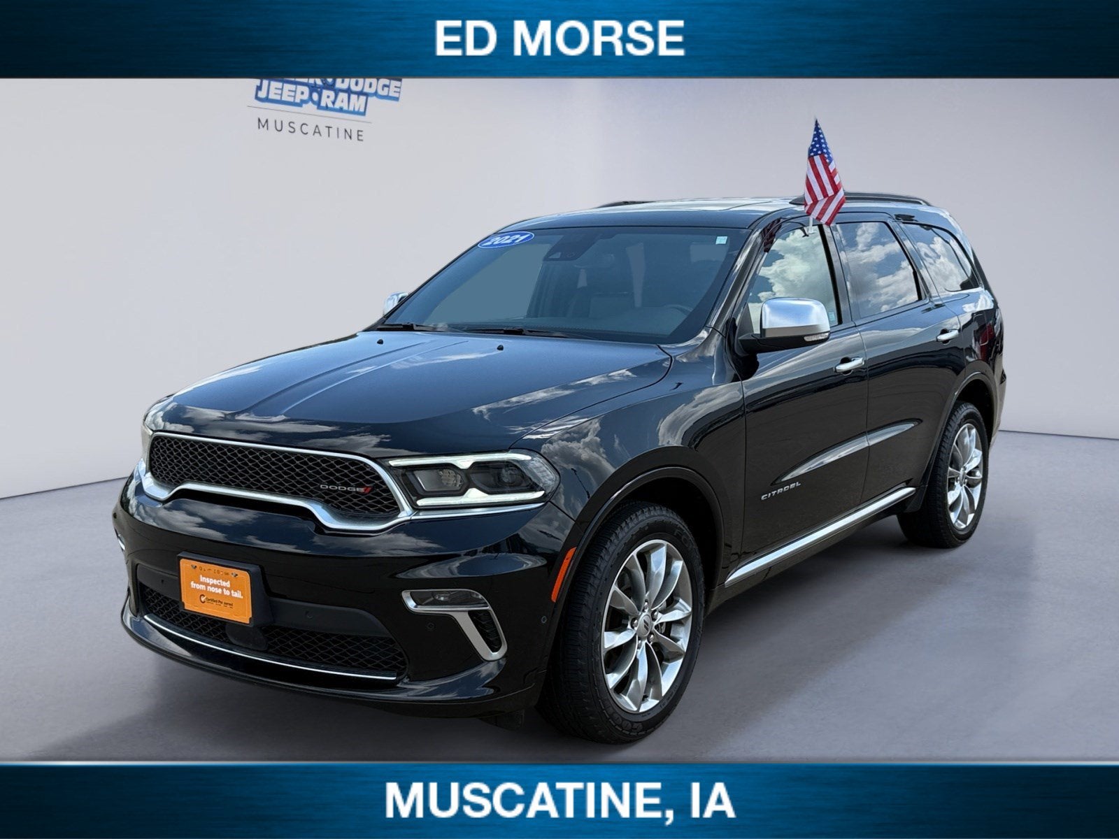 2021 Dodge Durango Citadel in Db Black Clearcoat — front three-quarter view