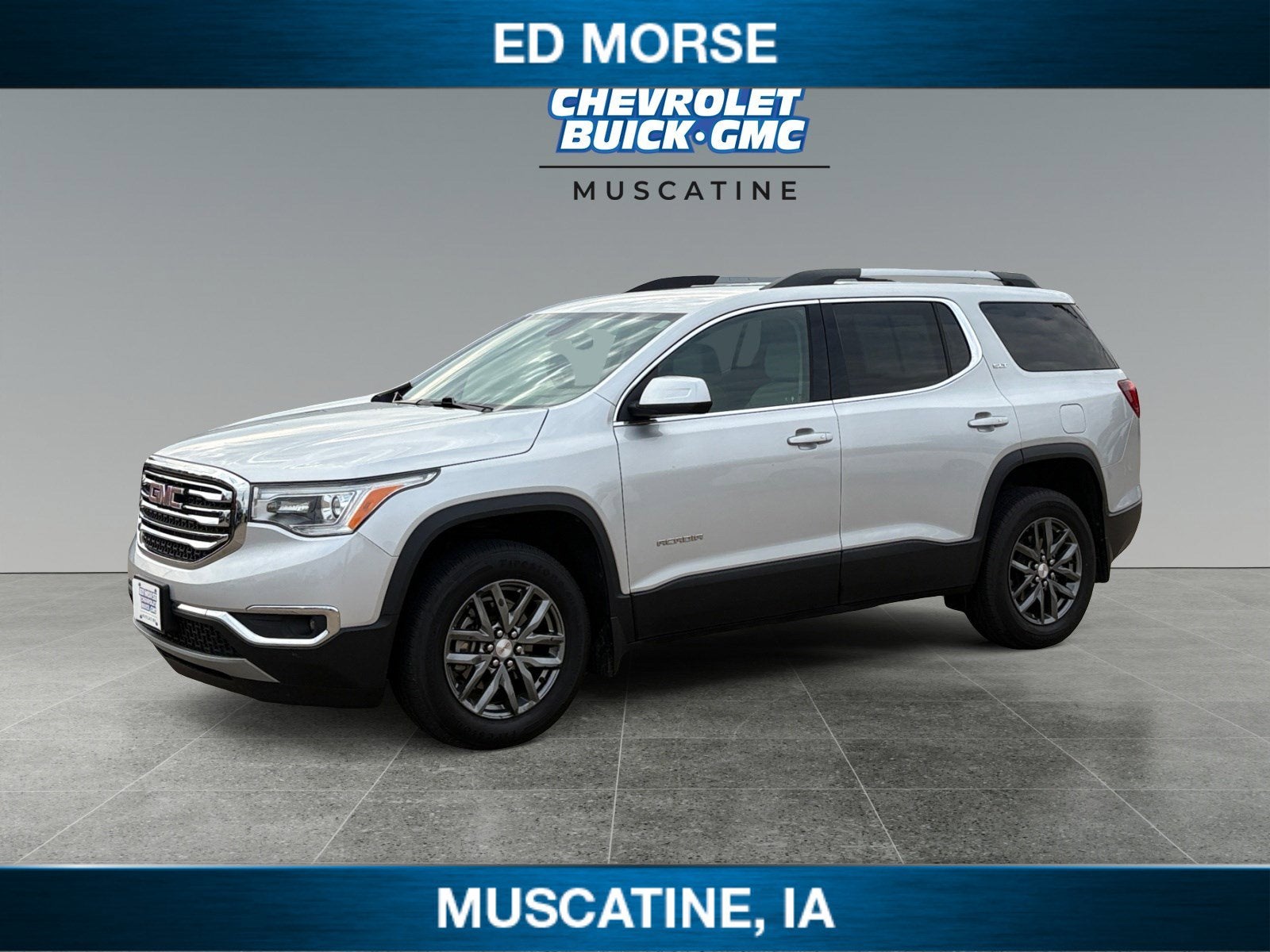 2019 GMC Acadia SLT in Quicksilver Metallic — front three-quarter view